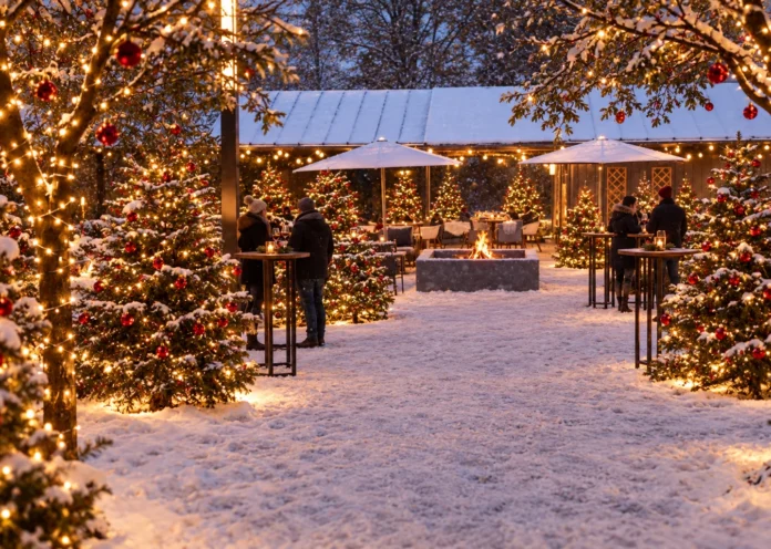 Festlich beleuchteter Winterwald im Garten an der Clublounge des St. Raphael
