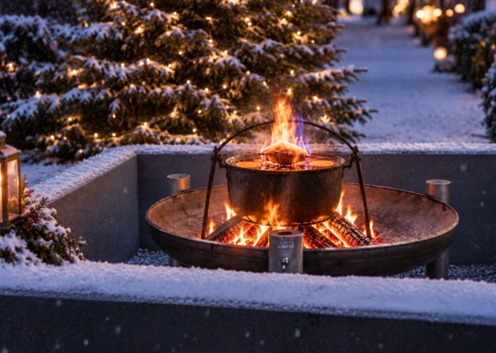 winterwald-feuerzangenbowle Feuerzangenbowle über der Feuerstelle im winterlich dekorierten Garten